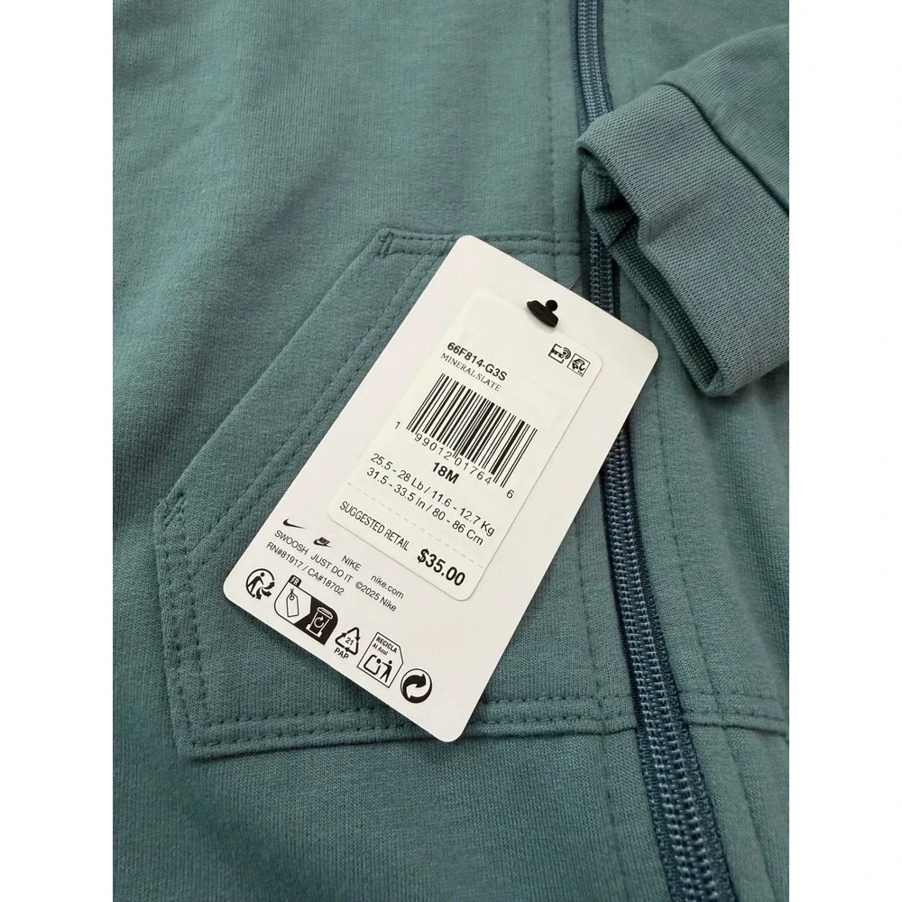 Nike Baby Mineral Slate Green Hooded Full Zip Coverall Romper 18M 66F814-G3S